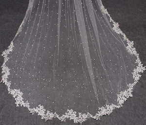 Beaded Wedding Veil with Lace Appliques