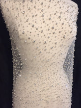 Load image into Gallery viewer, Rhinestone Beaded Tulle Fabric, Rhinestone Fabric, Beaded Fabric, Bridal Fabric Ready to Ship in White!